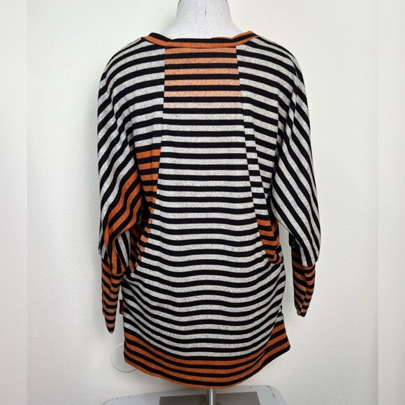PATTERN Brown Orange & Oatmeal Striped V-Neck Dolman 3/4 Sleeve Top w/Pockets L - Picture 9 of 11